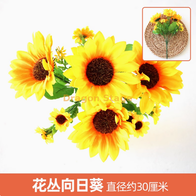 Green plants, simulated plant walls, plastic lawns, balconies, indoor backgrounds, flower walls, fluorescent yellow flowers, flower clusters, 1 bunch of sunflowers