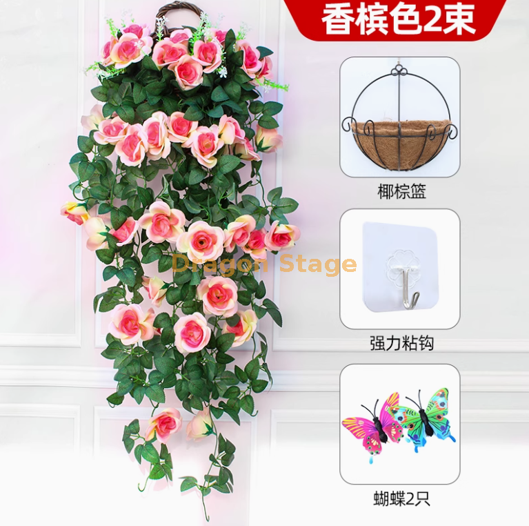 香槟-2束玫瑰送椰棕篮+送粘钩 2只蝴蝶