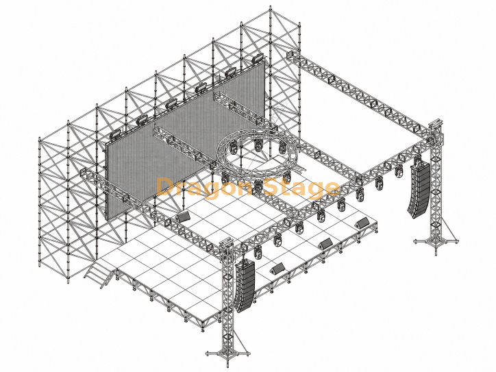 16x2x8m Ringlock LED Background Wall with 12.2x7.32m Aluminum Stage and 14x10x6m Lighting Truss Roof