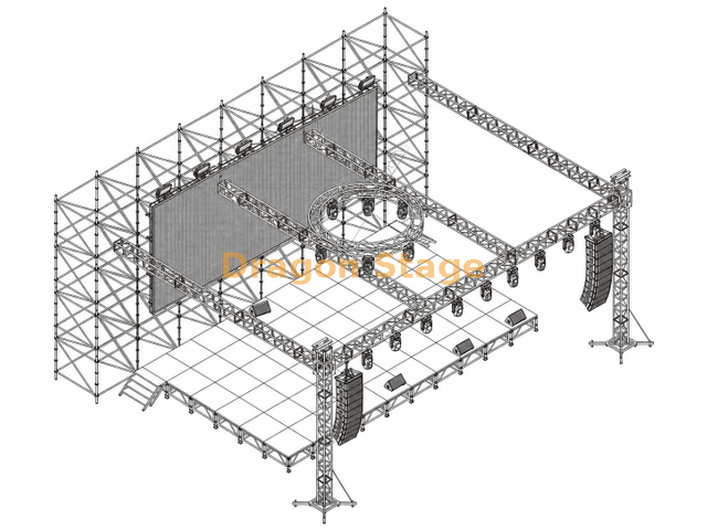 16x2x8m Ringlock LED Background Wall with 12.2x7.32m Aluminum Stage and 14x10x6m Lighting Truss Roof