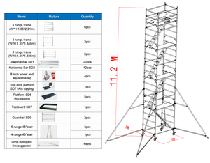 1.35x2x11.28m Aluminum 45 Degree Ladder Scaffolding Tower