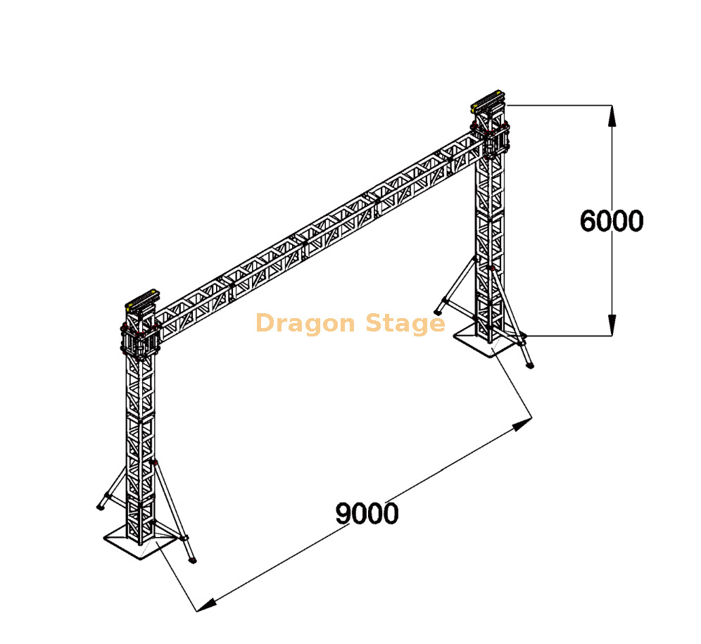 9x6m Aluminum Bolt Truss Gantry System with Twin Support Towers and Outrigger Bracing for Events