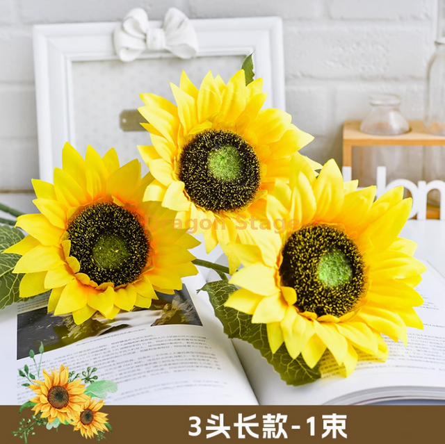 Small Sunflower Simulation Flower Ornament Sunflower Fake Flower Ornament Engineering Flower Plastic Three Head Long Sunflower 1 Bundle - Length 90cm