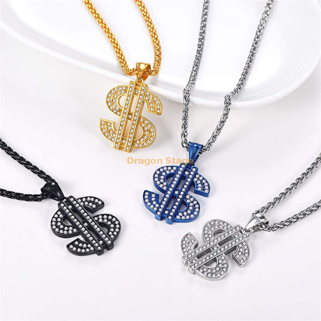 Hip Hop Dollar Coin Necklace Jewelry Stainless Steel Gold Plated Dollar Sign Necklace