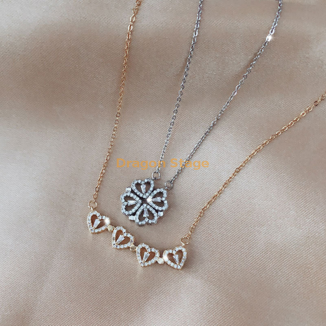 New Necklace Design Jewelry Stainless Crystal 4 Leaf Clover Heart Pendant Necklace