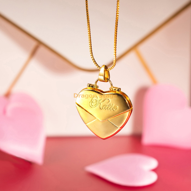 Personalized Custom Gold Plated Heart Locket Message Envelope Pendant Necklace