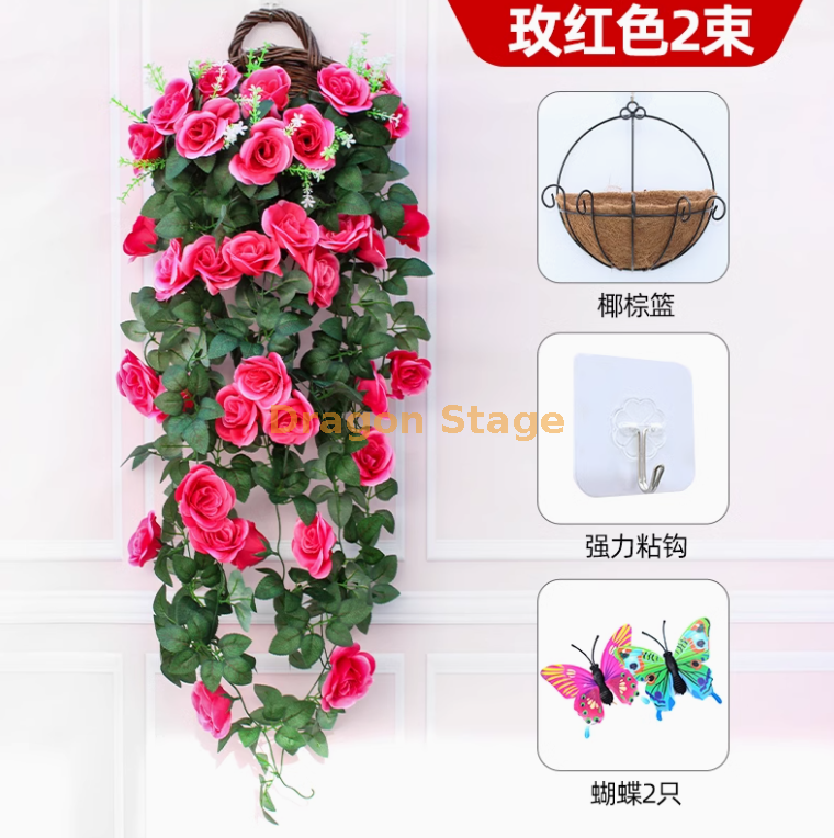 亮玫红-2束玫瑰送椰棕篮+送粘钩 2只蝴蝶