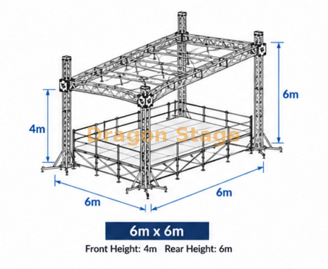 6x6m Flat Roof Aluminum Truss System with 4m Front and 6m Rear Height