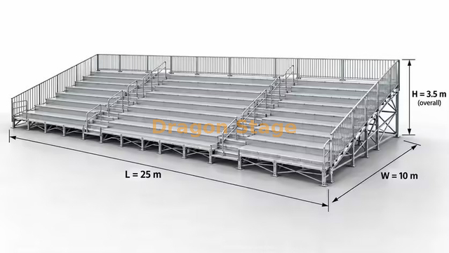 25x10m Ringlock Grandstand Seating System with Two Aisles and 3-Side Guardrails