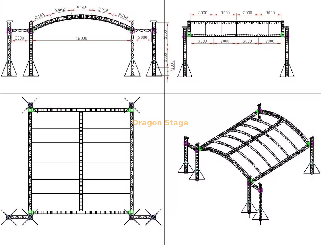 12x12x6m Aluminum Arc Roof Truss System with 3m Speaker Wings